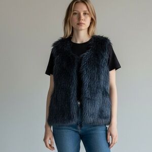 J.Roberts Navy Blue Faux Fur Shaggy Cropped Vest Women’s Size Medium